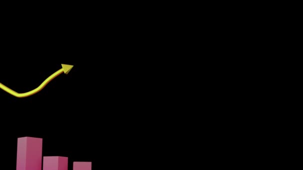 黒い背景の上にピンクの三次元ブロックグラフと黄色の矢印のアニメーション — ストック動画