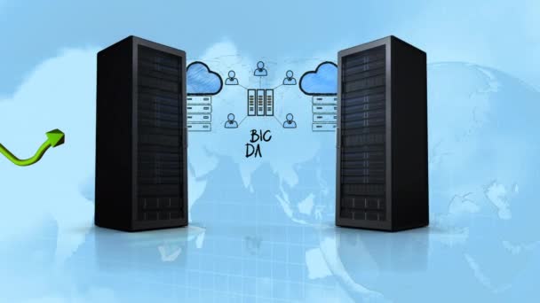 一个绿色箭头的动画用两台计算机服务器指向上方 云共享大数据 这两个字 在蓝色背景下旋转着全球 — 图库视频影像