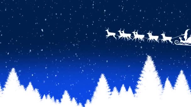 Animation White Silhouette Santa Claus Sleigh Being Pulled Reindeers Blue — Stock Video