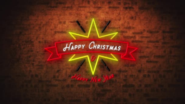 ちらつきの言葉のアニメーションハッピークリスマス ハッピーニューイヤーレンガの壁に赤いバナーに赤と白のネオンサイン — ストック動画