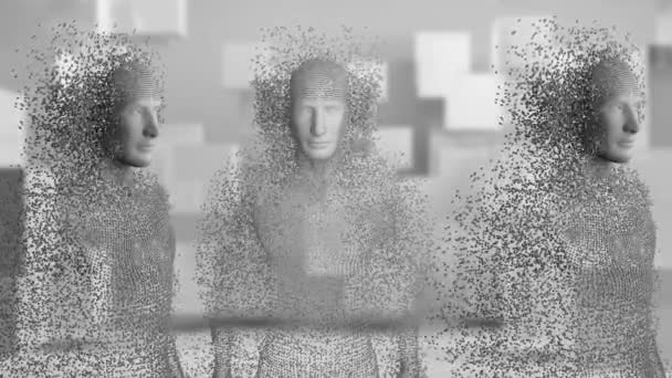 Animation Three Human Bodies Formed Grey Particles Grey Tiled Background — Stock Video