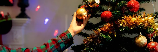 Side View Mid Section Boy Decorating Christmas Tree Sitting Room — Stock Photo, Image