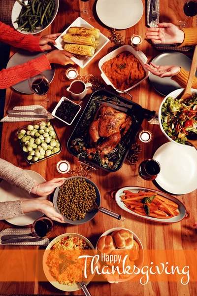 Illustratie Van Gelukkige Thanksgiving Day Tekst Begroeting Tegen Vrienden Vieren — Stockfoto
