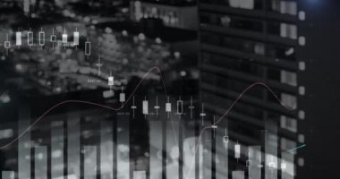 Veri işleme ve iş grafikleri ve şehir manzaralı istatistiklerin animasyonu 4k