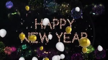 Sözcüklerin animasyonu Altın ve beyaz balonların yüzdüğü, konfetilerin düştüğü ve siyah arka planda havai fişeklerin olduğu parlak mektuplarla mutlu yıllar.