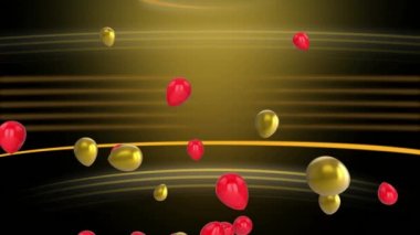 Çizgili arka planda yüzen kırmızı ve altın balonların animasyonu