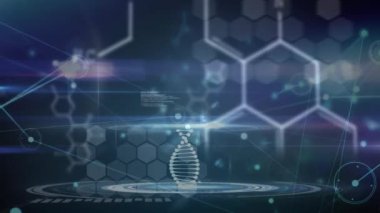 Kimyasal bileşiklerin yapısal formülü ile dönen bir DNA ipliğinin animasyonu, mavi arka planda veri işleme