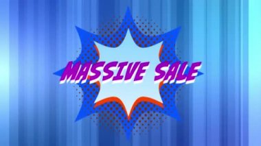 Animation of the words Massive Sale in purple letters on a blue explosion with moving graphic shapes on a blue striped background