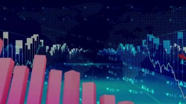 Yukarıya bakan grafiklerin ve kırmızı okun canlandırılması ve koyu mavi arkaplan üzerinde veri işlemesi