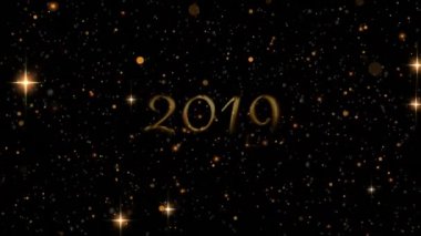 2019 numaralı animasyon. Parlayan ışıklar ve siyah arka planda kayan yıldız üzerine altın harflerle yazılmış.