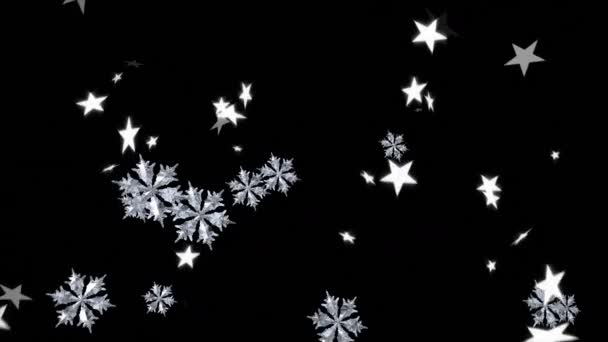 Animación Estrellas Que Caen Copos Nieve Sobre Fondo Negro — Vídeos de Stock