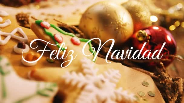 Animace Slov Feliz Navidad Napsáno Bílé Vánočními Cookies Pozadí — Stock video