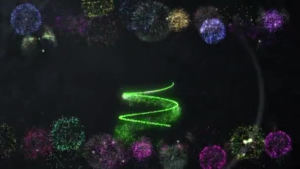 新年快乐 圣诞树 这两个词的动画画成了一条闪烁着焰火的绿线 — 图库视频影像