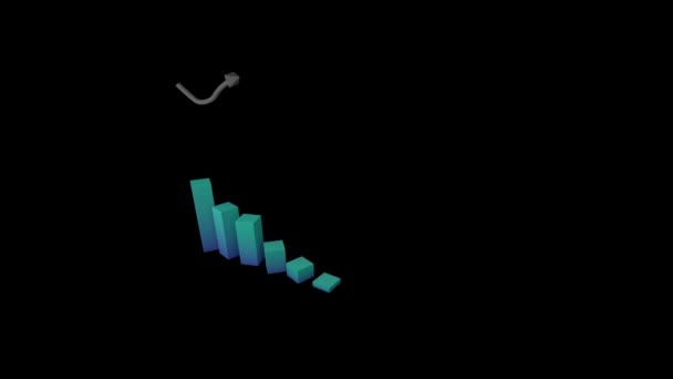 黒い背景の上に三次元の青のブロックグラフと灰色の矢印のアニメーション — ストック動画