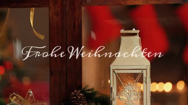 Animering Orden Frohe Weihnachten Skriven Över Fönstret Med Dekorationer — Stockvideo