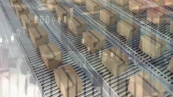Анимация Рядов Картонных Коробок Движущихся Конвейерным Лентам Обработкой Данных Переднем — стоковое видео