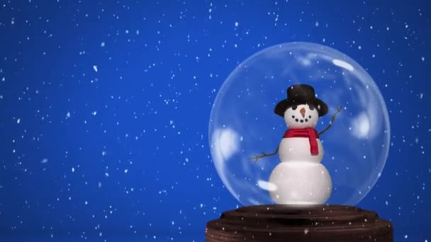 Animation Waving Blinking Snowman Snow Globe Falling Snow Blue Background — Stock Video