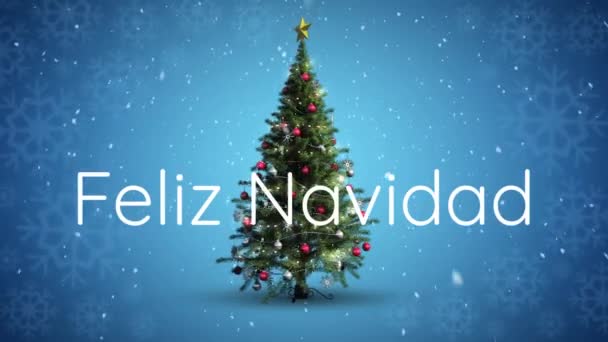 Animacja Słów Feliz Navidad Napisane Biało Choinki Opadów Śniegu Niebieskim — Wideo stockowe