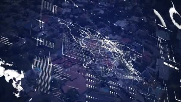 Animation de graphiques et traitement de données sur fond bleu foncé 