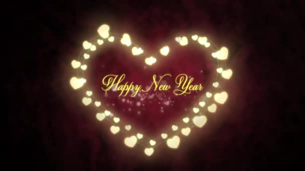 新年快乐 这几个字的动画 用黄色的字母写在一个圆框框里 里面闪烁着红红的心形神灯和黑色背景的烟火 — 图库视频影像