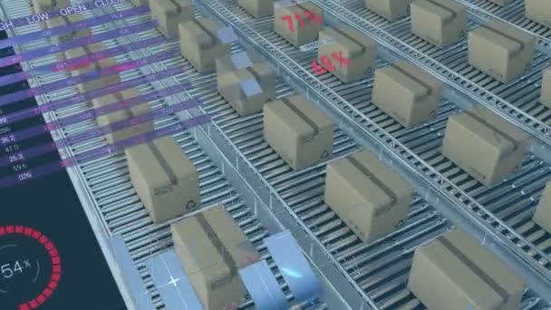Animatie Van Rijen Kartonnen Dozen Transportbanden Met Gegevensverwerking Achtergrond — Stockvideo
