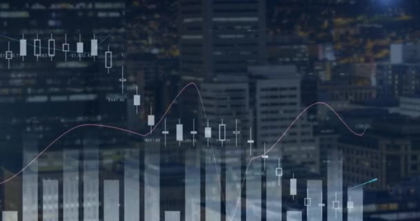 背景の街並みとのデータ処理 ビジネスグラフ 統計のアニメーション4K — ストック動画