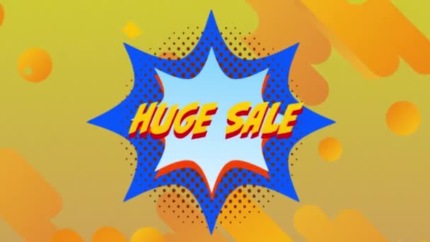 Animation Words Huge Sale Yellow Letters Blue Explosion Moving Graphic — Stock Video
