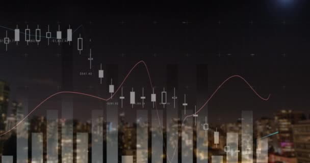 Animering Databehandlings Och Företagsdiagram Och Statistik Med Stadsbild Bakgrunden — Stockvideo