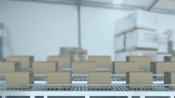 Animation Rows Cardboard Boxes Moving Conveyor Belts White Arrows Pointing — Stock Video