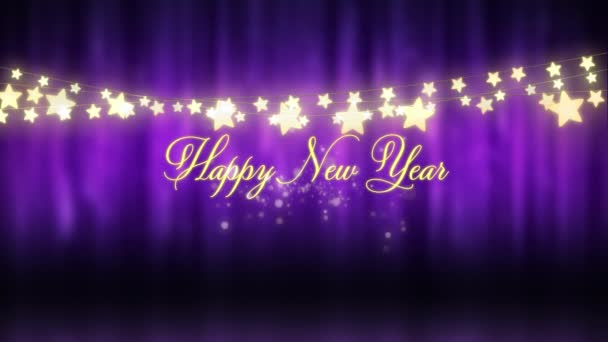 用黄色字母写着 新年快乐 这个词的动画 背景是紫色的星形彩灯串串在一起 — 图库视频影像