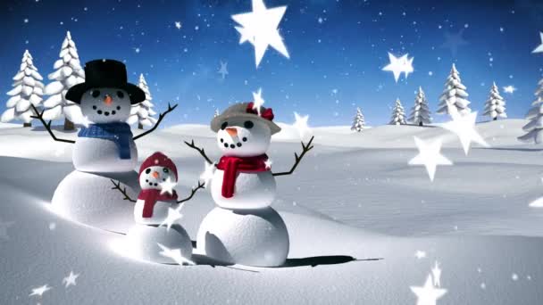 由降雪的雪人和背景中天空昏暗的星星组成的动画 — 图库视频影像
