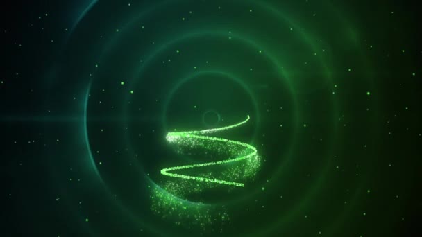濃い緑の背景に円が描かれた輝く緑のラインに描かれた2020年とクリスマスツリーのアニメーション — ストック動画