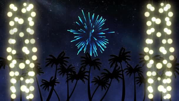 Animation Einer Weihnachtsdekoration Mit Lichterketten Und Feuerwerk Nachthimmel Mit Palmen — Stockvideo