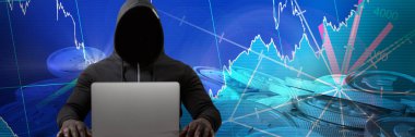 Bilgisayarlı erkek hacker bitcoin 'lere karşı.