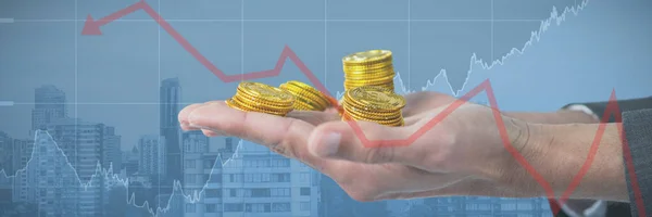 Cropped Hands Businessman Holding Gold Coins Trees Amidst Buildings City — Stock Photo, Image