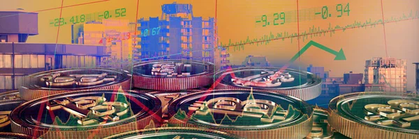 Bitcoin Tegen Uitzicht Skyline Van Stad — Stockfoto