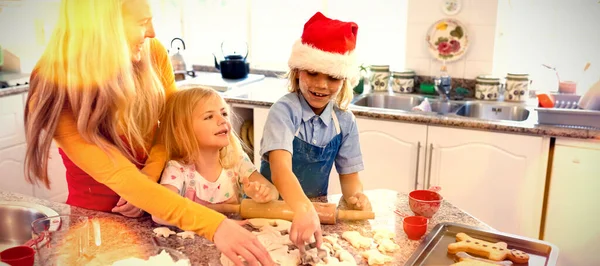 Composite Image Brown Parquet Family Making Christmas Cookies Home — Stock Photo, Image