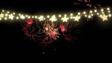 Arkasında havai fişekler olan parıldayan yıldız şekilli peri ışıkları dizeleri olan bir Noel dekorasyonunun animasyonu