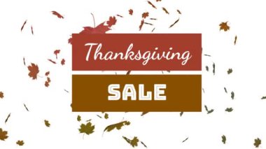 Şükran Günü sözcüğünün animasyonu Kahverengi pankartlarda beyaz harflerle ve beyaz arka planda dökülen yapraklarla