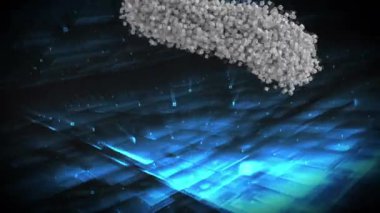 Koyu mavi arkaplan üzerinde gri parçacıklar ve ağ bağlantılarından oluşan hareket eden insan büstünün canlandırması