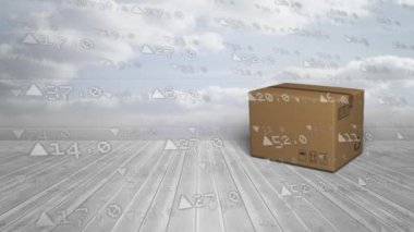 Önplanda veri işleme ve bulutlu gökyüzü ile bir yere düşen bir karton kutunun canlandırması