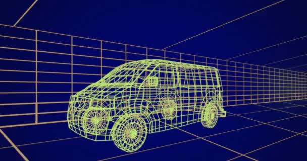 Animace Technického Výkresu Dodávky Žluté Barvě Pohyblivou Mřížkou Pozadí — Stock video