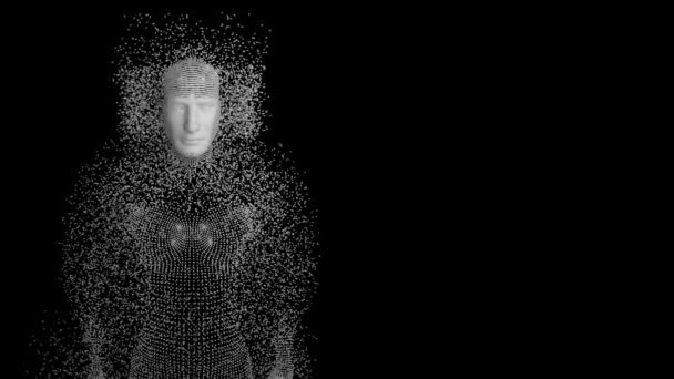 黒い背景に灰色の粒子から形成された人体のアニメーション — ストック動画