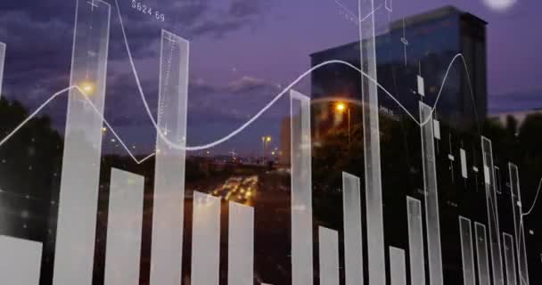 Animação Processamento Dados Gráficos Negócios Estatísticas Com Paisagem Urbana Segundo — Vídeo de Stock