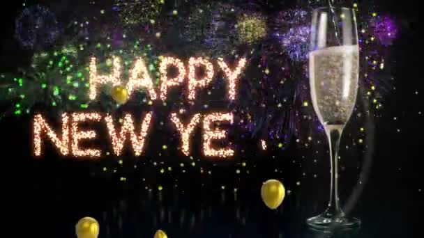 Animation der Wörter Frohes Neues Jahr in glitzernden Buchstaben mit schwebenden goldenen Luftballons, fallendem Konfetti, Feuerwerk und einem Glas Champagner auf schwarzem Hintergrund
