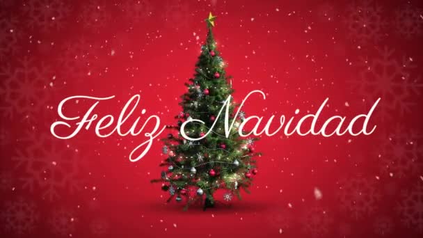 Animace Slov Feliz Navidad Napsáno Bíle Přes Rotující Vánoční Stromeček — Stock video