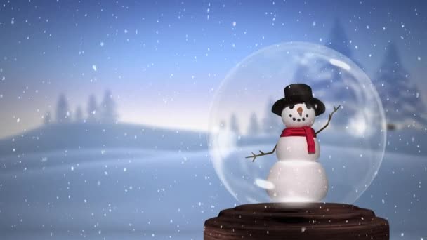 Animace vlnícího se sněhuláka ve sněhové kouli, s venkovskou zimní scénou a padajícím sněhem v pozadí