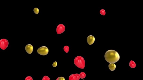 Анімація Червоних Золотих Кульок Плавають Золоті Конфетті Падають Чорному Тлі — стокове відео