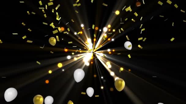 Animation White Gold Balloons Floating Confetti Falling Explosion Black Background — Stock Video