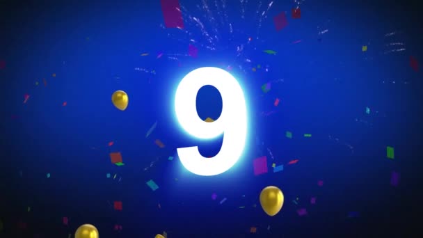 Animation Countdown White Gold Balloons Floating Confetti Falling Fireworks Blue — ストック動画